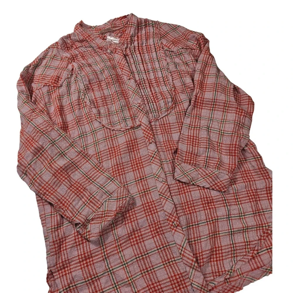 New Free People Intimately Plaid Pajama Set Pink Orange Smocked Waist Small